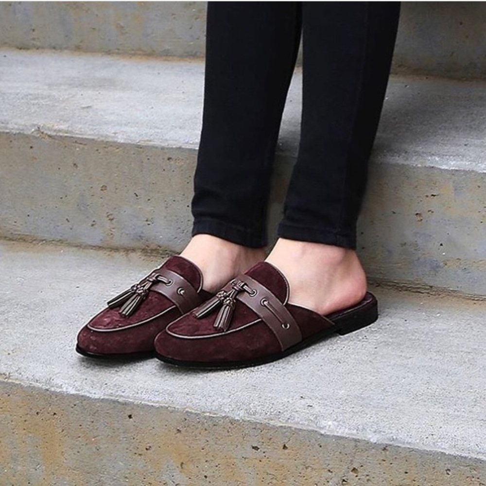 Yulia Burgundy Flat Mules Loafers NWT! Leather